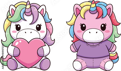 Cute rainbow unicorn characters sitting with heart and cozy outfit in adorable pastel kawaii style vector illustration