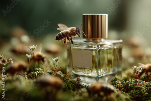 Natural perfume, perfume in a forest on moss, a bee near the perfume, natural scents, a beautiful perfume bottle, perfume made from natural materials, a bottle made from natural materials, nature and 