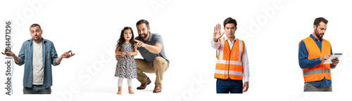 A man and a child in a construction setting, wearing safety vests and using a tablet.
