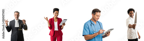 Four individuals in professional attire, each engaged in different activities.