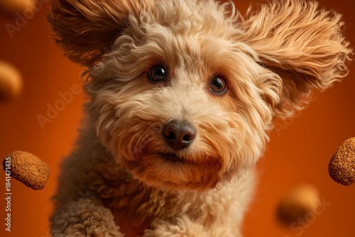 Dynamic shots of a dog, a cheerful and lively dog, pet food advertisement, a joyful poodle, a dog with an expressive face.