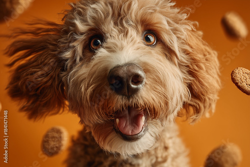 Motion-filled shots of a dog, a joyful and upbeat dog, pet food marketing imagery, a cheerful poodle, a dog with an expressive face.