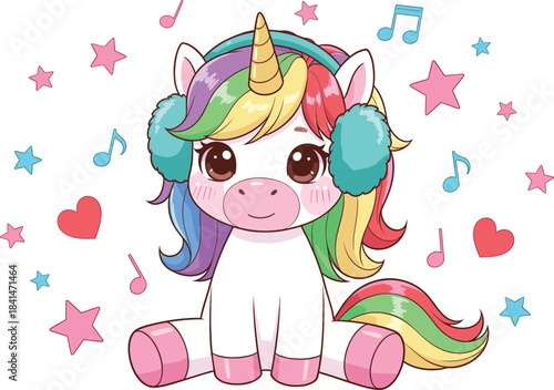 Cute rainbow unicorn wearing earmuffs surrounded by music notes and stars in a fun magical kawaii style illustration