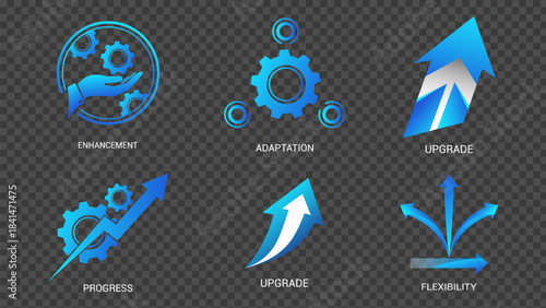 Set of blue icons representing process, growth, upgrade, and synergy