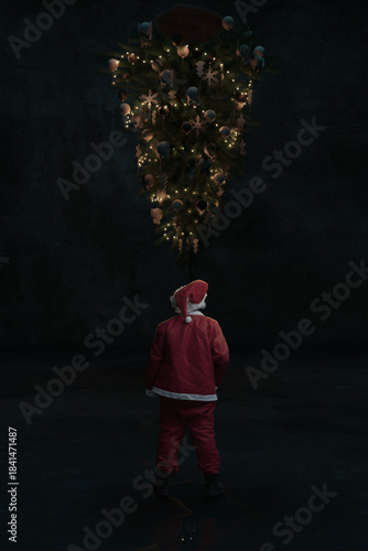 Digital Composited Santa Claus from Behind in Front of Rotated Christmas Tree