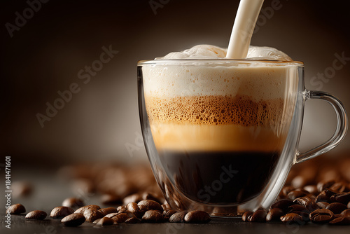 Close-up of a cappuccino, espresso with milk, layered coffee, rich coffee, invigorating black coffee, milk being poured into coffee, milk splashes on coffee, expressive milk pour.