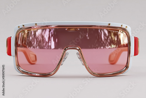Pink lens sunglasses, rosy glasses, 2000s-inspired style, fashionable sunglasses, seaside sunglasses, sunglasses placed on a table, sunglasses framed by a bright blue sky, a summer mood, a travel agen