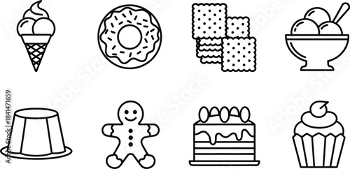 Variety of desserts and sweets in simple line art
