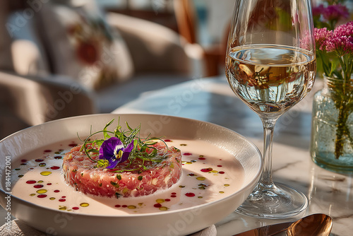 Fine dining aesthetics, tartare, a glass of chilled white wine, a wine-accompanied dinner in a restaurant, tartare garnished with fresh flowers, a romantic atmosphere, refined dishes.