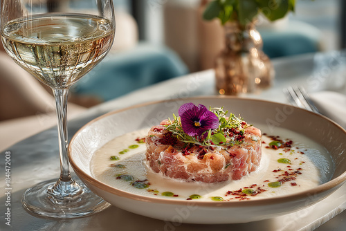 Fine dining aesthetics, tartare, glass of white wine, dinner with wine, restaurant dinner, tartare garnished with edible flowers, romantic dinner, exquisite dishes.