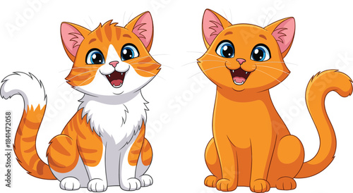 Cute smiling orange cats with big blue eyes, cartoon-style kittens sitting happily in adorable playful pet illustration