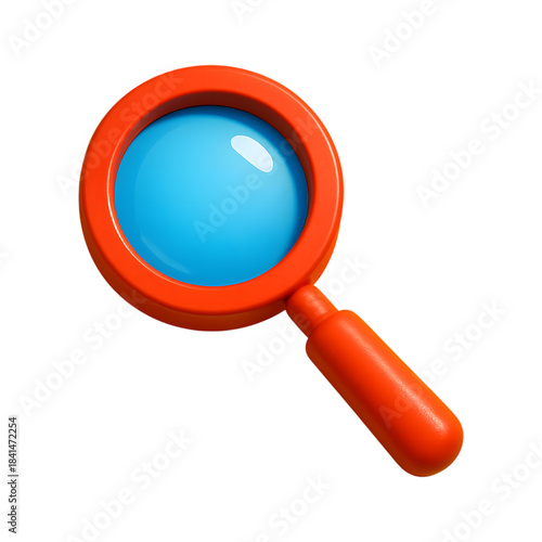 Vibrant orange magnifying glass with a bright blue lens for search and discovery