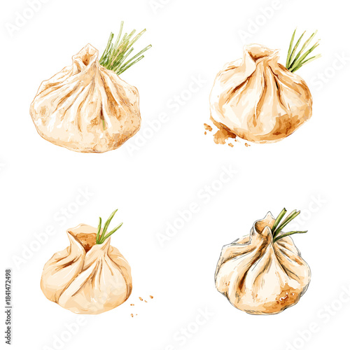 A collection of dumpling illustrations with soft dough texture, pleated edges and herb garnish in a delicate artistic food style.