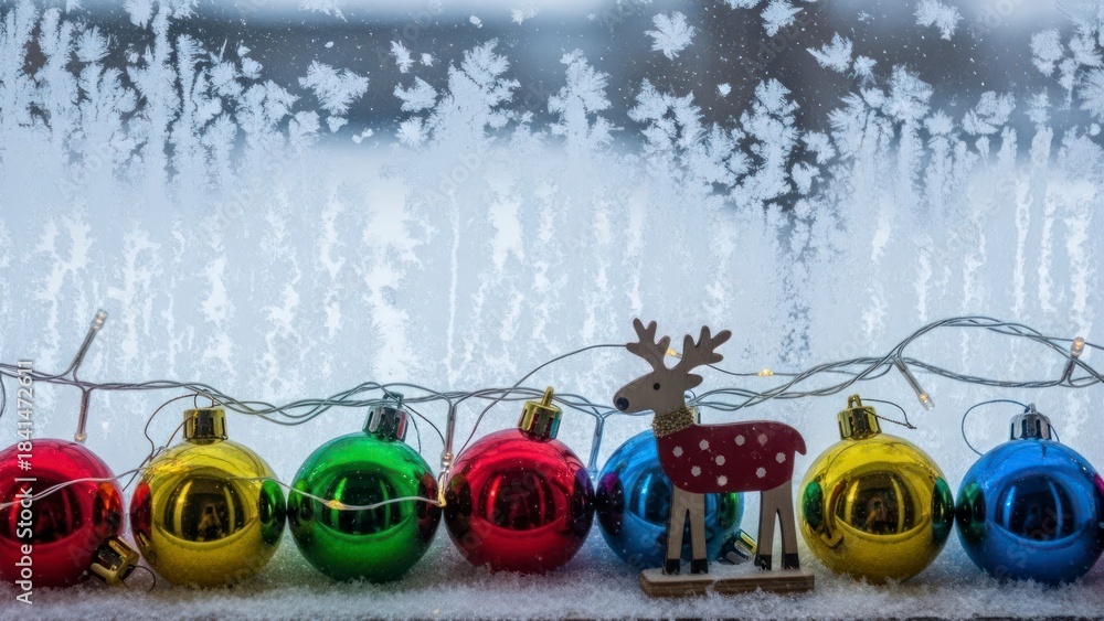 Fototapeta premium Christmas Ornaments and Deer Decoration on Frosted Window Background.
