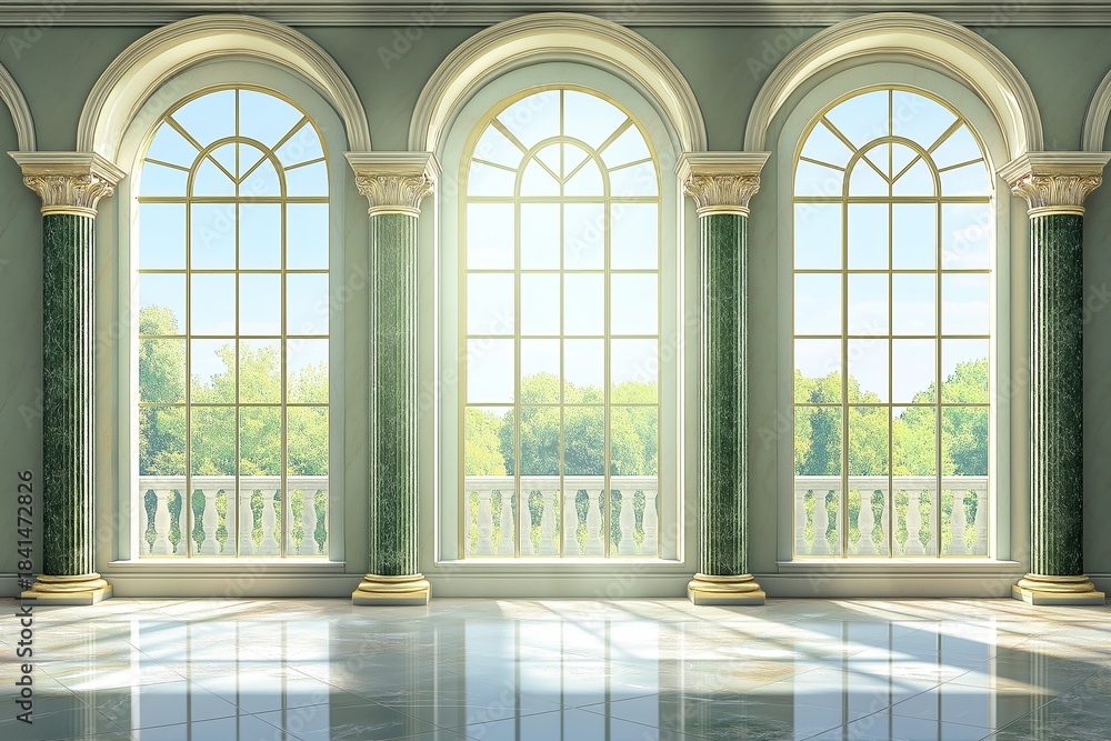 Naklejka premium Sunlight illuminates green grand hall through large windows in palace or castle, surrounded by lush greenery