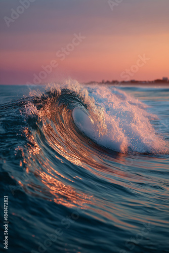 Sea wave on the beach against the background of a pink sunset.