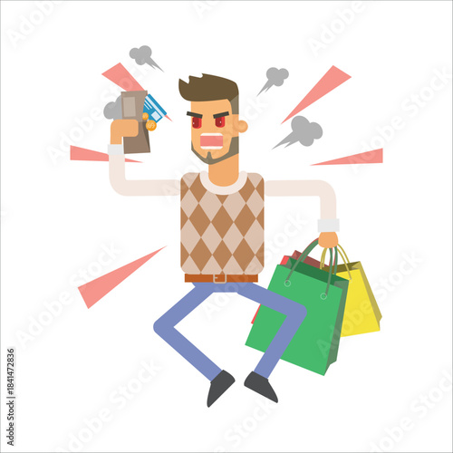 Furious shopper holding bags and shouting in rage. Concept of bad service