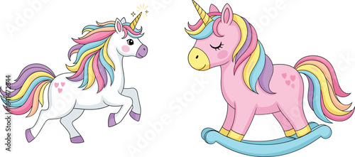 Cute unicorn characters with colorful rainbow manes running and rocking in magical pastel kawaii style vector illustration