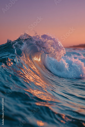 Sea wave on the beach against the background of a pink sunset.