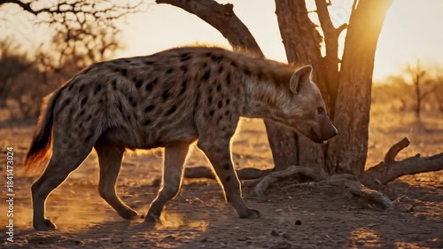 Hyena walks sunlit savanna at dusk, amber sky, dark silhouettes, dusty ground, trees. on the horizon