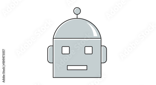 Simple illustration of a cartoon robot head in gray and white with clean lines and a white