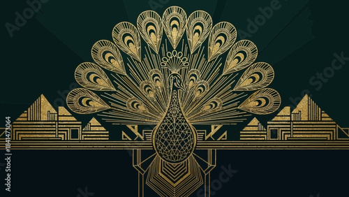 Elegant art deco peacock design with gold geometric lines on a dark teal background banner