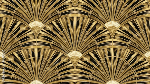 Luxurious art deco seamless pattern featuring repeating golden fan motifs against a deep black background texture