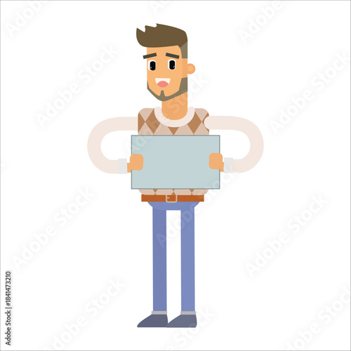 Smiling shopper holding a blank white board with both hands for advertisement