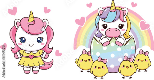 Cute unicorn characters with hearts, rainbow, chicks, and Easter egg in colorful pastel kawaii style vector illustration