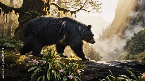 A dark bear steps across a sunlit forest floor among moss, ferns, and wildflowers, morning at dawn!!