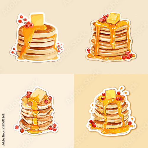 A set of pancake stack illustrations topped with butter, syrup and berries in a bright sweet artistic food style.