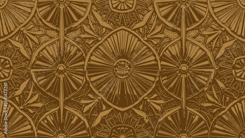 Seamless repeating art deco pattern featuring stylized sunburst motifs in rich brown and tan tones