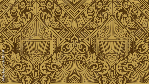 Seamless art deco pattern featuring stylized sunbursts and ornate baroque floral scrollwork in brown tones