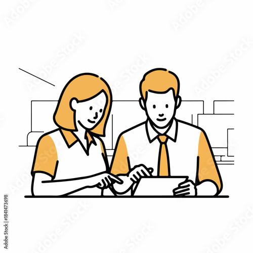 Minimal Coworkers Checking Productivity Metrics with Focused Expressions – Vector Line-Art Illustration