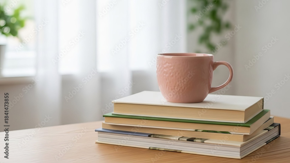 Naklejka premium Coffee Mug on Stack of Books with Soft Natural Lighting for Cozy Home Inspiration