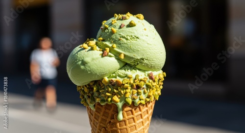 Pistachio Ice Cream Cone Outdoors