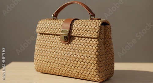 Woven Straw Handbag with Leather Handle on Wooden Surface