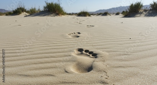 Footprints in Light Beige Sand Dunes under Bright Sunlight