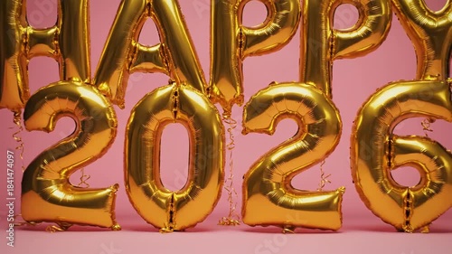 Golden balloon letters forming happy 2026 against pink background