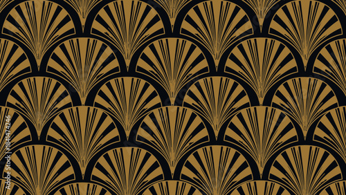 Seamless art deco fan pattern in rich gold and deep black creating a luxurious vintage wallpaper background