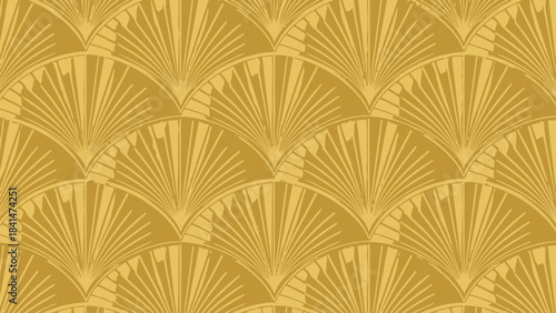 Seamless art deco fan pattern in mustard yellow creates a luxurious and vintage background texture for design projects