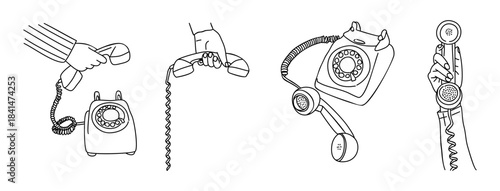 Set of vintage rotary dial telephones and hands sketch drawings. Black line art  vector illustrations isolated on transparent background.