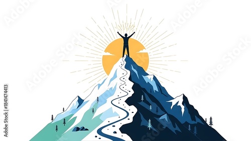 Achieve your goals and celebrate success with this mountain top achievement illustration, a powerful symbol of victory, leadership, and overcoming challenges