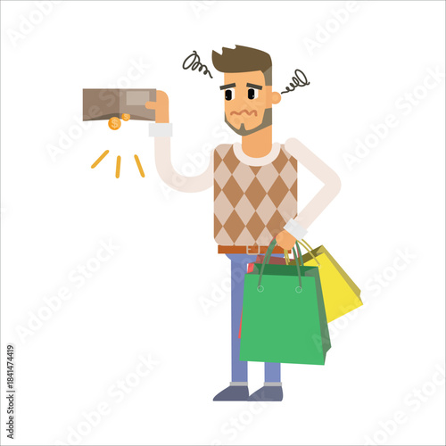 Sad shopper looking at an empty wallet with a moth flying out. Concept of being broke or overspending