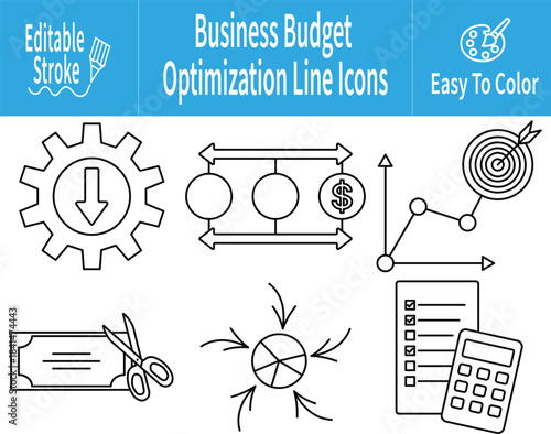 Business budget refinement line icon sheet featuring cost reduction gear, financial flow arrows, target analytics, expense trimming, pie distribution, and checklist planning symbols
