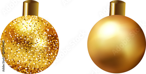 Foto A pair of festive gold christmas baubles, one with smooth reflective surface and one with sparkly glitter texture