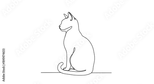Minimalist single line drawing of a seated cat facing left profile view