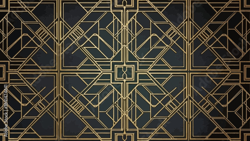 Luxurious art deco geometric pattern seamless background featuring intricate gold lines on dark slate texture