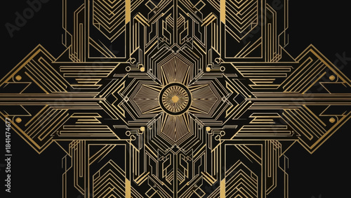 Ornate symmetrical art deco geometric pattern in gold lines on a stark black background for luxury