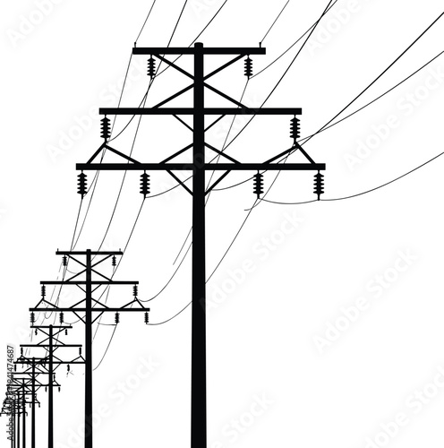 Linear Array of Utility Poles Supporting High-Voltage Power Lines Across Rural Landscape for Electrical Transmission and Grid Infrastructure Maintenance